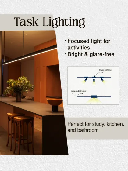 Task lighting provides focused, glare free light for activities. We use track lighting or suspended lights in kitchens, studies, and bathrooms to illuminate work areas.