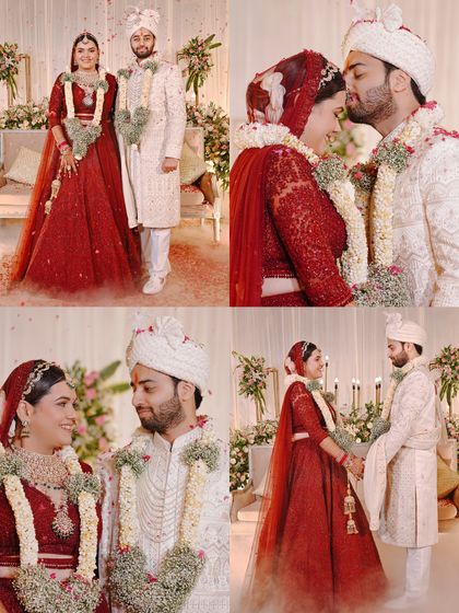 A collage of beautiful moments from the wedding ceremony. It captures the couple's loving interactions, from the groom's kiss to their shared smiles.