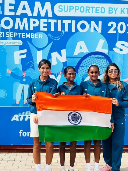 The future of Indian tennis. Our U-12 girls' team, coached by NTC's Asha Sharma, proudly holds the Indian flag at the Asia 12&U Team Competition Finals in Kazakhstan.