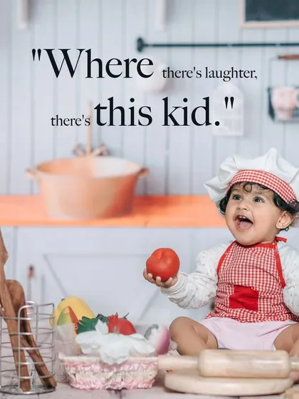 Where there's laughter, there's this kid. Our little chef is having a wonderful time playing with fruits and vegetables in the kitchen.