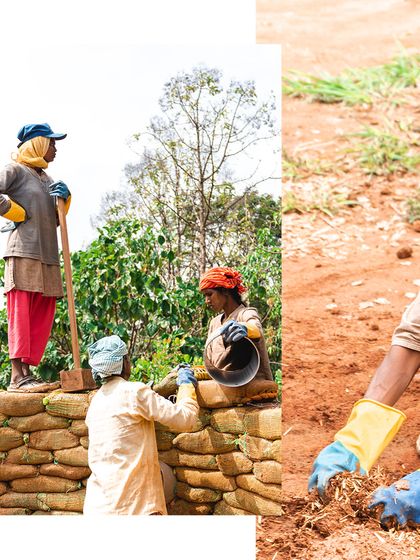 Teamwork in action. Women masons work together to build an earthbag wall at Cheerville, demonstrating their strength and newfound skills in sustainable construction.