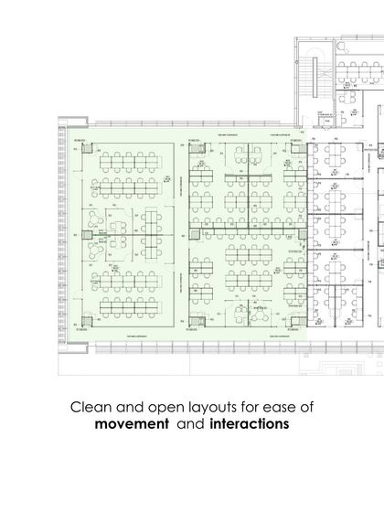 An office floor plan with a highlighted section showing a clean and open layout. This architectural drawing illustrates our focus on creating ease of movement and encouraging interaction through smart spatial planning.