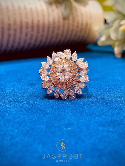 Another view of the sold floral cocktail ring, showcasing its beautiful proportions and exceptional sparkle. It’s a design that truly lights up the hand.