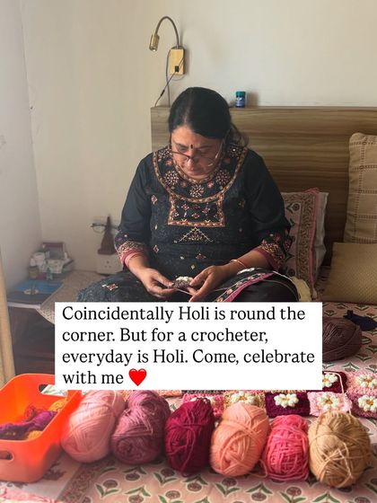 For a crocheter, every day is like Holi, full of colors. Here I am starting a new project, surrounded by all the beautiful shades of yarn for a daisy blanket.