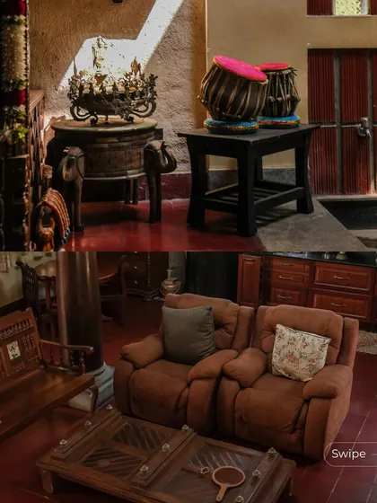 A collage showing traditional Indian decor, including a tabla set and antique brass vessels, which enrich the cultural narrative of the Padmaja Rao Residence.
