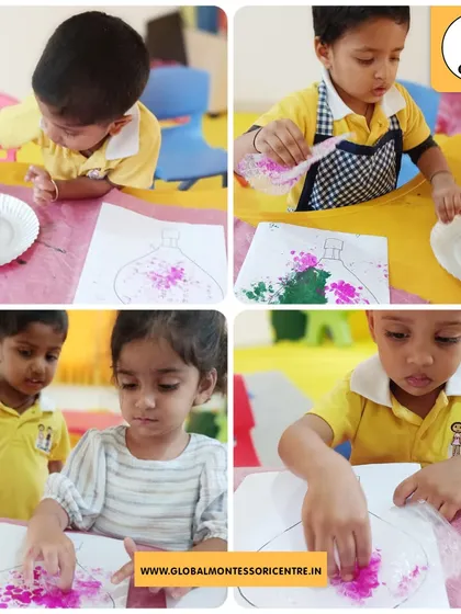 A collage showing our students deeply engaged in a sponge painting activity, mixing colors and creating their own unique masterpieces.