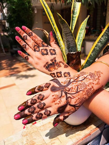 A modern fusion design combining bold floral blocks with a delicate tree branch pattern.