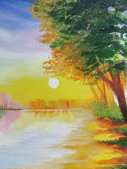 A landscape painting of a sunset over a lake, created with acrylic colors. I enjoy playing with light and reflection to create peaceful nature scenes like this.