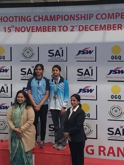 Anushka H Thokur on the podium after winning the Silver Medal in the 50M Prone Junior Women Civilian Category at the 66th NSCC in Delhi.
