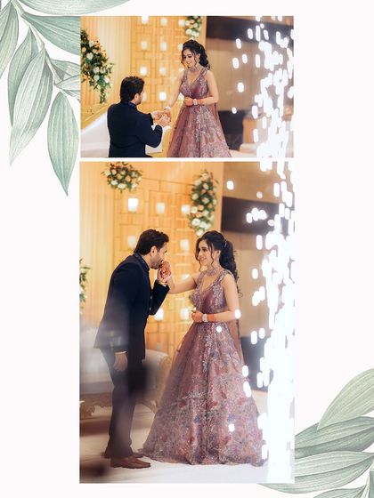 This collage captures the chivalry and romance of the proposal during an engagement ceremony. The groom kissing the bride's hand is a timeless gesture of love.