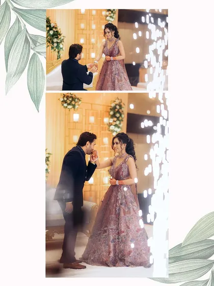 This collage captures the chivalry and romance of the proposal during an engagement ceremony. The groom kissing the bride's hand is a timeless gesture of love.