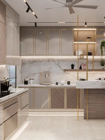 This modern kitchen in Gurugram features a minimalist design with luxury finishes. We used a clean palette with PU veneer, golden profiles, and a functional breakfast counter to create a space that is both aesthetically pleasing and highly practical for everyday use.