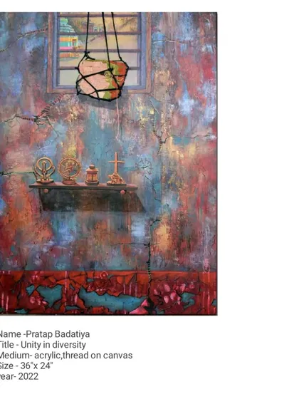 'Unity in diversity,' a 36 by 24-inch work in acrylic and thread on canvas. The piece uses religious symbols on a shelf against a textured, decaying wall to represent the coexistence of different faiths within a shared, imperfect space.