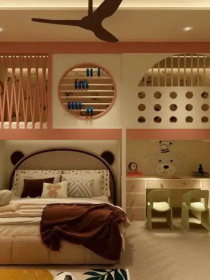 I believe kids' rooms should be magical and functional. For this shared bedroom, I designed custom bunk beds with integrated play elements, a cozy study nook, and smart storage solutions, all wrapped in a warm, playful aesthetic that sparks joy and imagination.