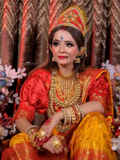 A thoughtful pose capturing the divine and powerful essence of the Durga-themed shoot.