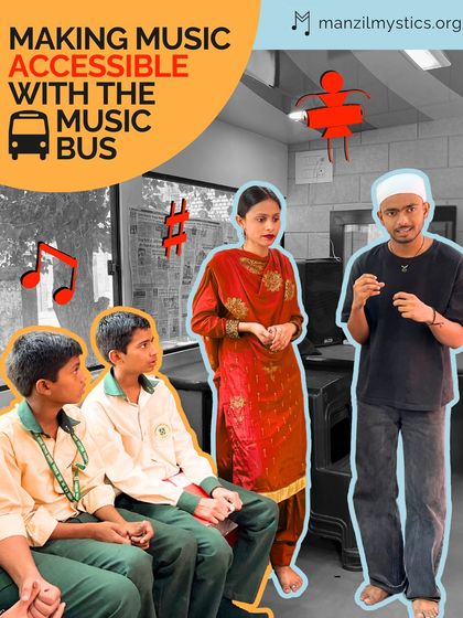 "Making Music Accessible with the Music Bus." Our fellows explain the equipment inside the bus to a group of curious students, breaking down the technology behind music recording.