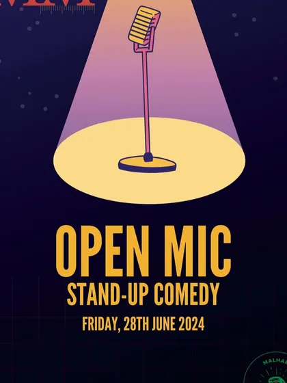 A monthly event poster for June featuring our open mic night, a staple for the local comedy community.