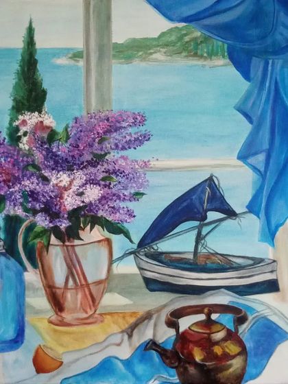 The full view of the 2x2 ft seascape still life. This acrylic on canvas was a commission work, designed to bring the feeling of a breezy, sunlit window overlooking the ocean into the home.