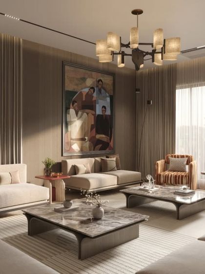 A collection of views from a contemporary living room, where neutral tones and varied textures create a calm, sophisticated environment. We've focused on the interaction of different materials, from the plush striped chairs to the marble coffee tables.