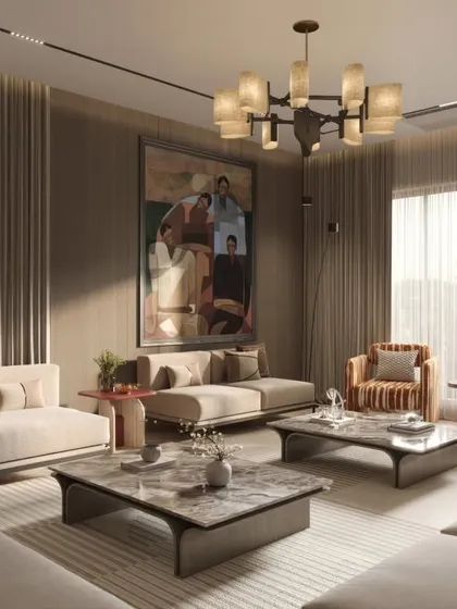 A collection of views from a contemporary living room, where neutral tones and varied textures create a calm, sophisticated environment. We've focused on the interaction of different materials, from the plush striped chairs to the marble coffee tables.