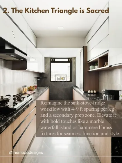 The kitchen triangle is sacred. We design the sink-stove-fridge workflow with optimal spacing and often add a secondary prep zone for seamless function and style.