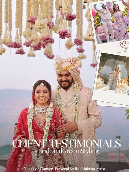 A beautiful collage capturing the wedding journey of my clients, Diksha and Harsh. From their vibrant sangeet outfits to their elegant wedding day attire, it was a joy to style them as a couple and ensure their looks were coordinated and memorable.