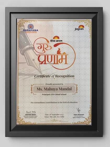 The Certificate of Recognition awarded to our Principal for her extraordinary contributions in the field of education, a testament to the high standards of leadership at our school.