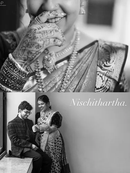 A black and white collage from a Nischithartha, highlighting the bride's henna and a sweet, candid moment.