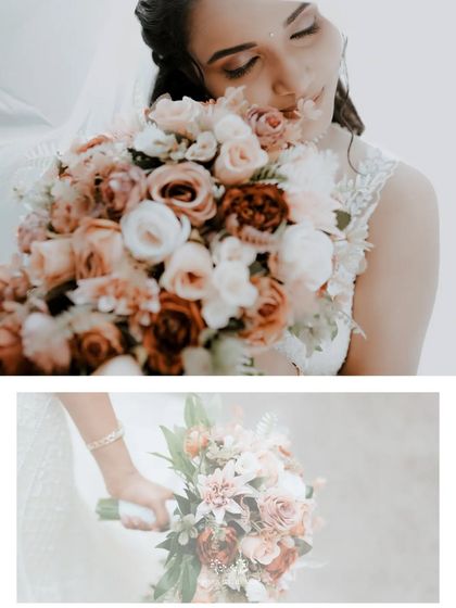 A detailed collage focusing on the bride's beautiful cascading bouquet of pastel roses and her serene expression.