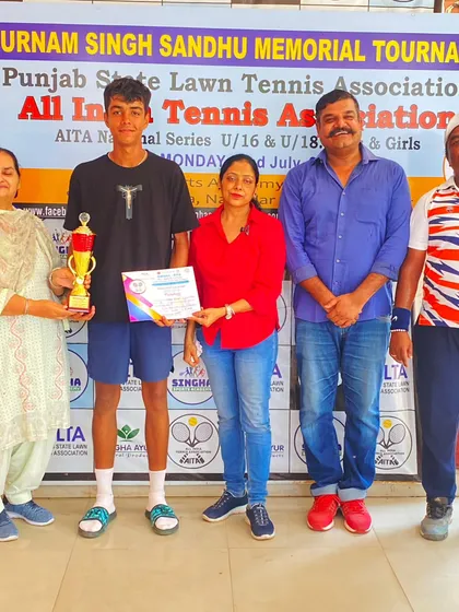 Shreyas celebrates his Singles title win at the AITA U18 National Series tournament in Jalandhar. His consistent performance throughout a challenging week showcases his mental and physical toughness.