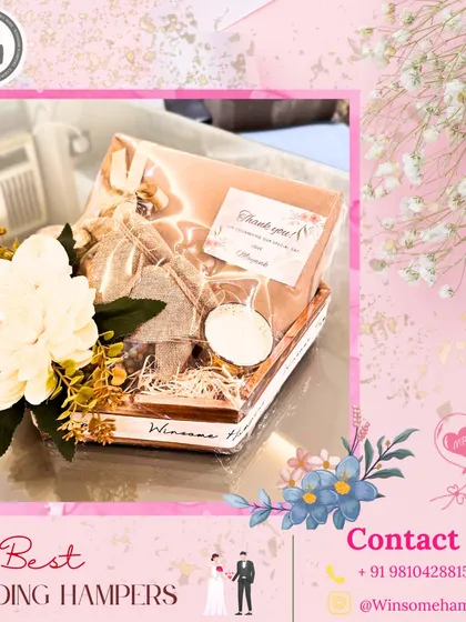 The best wedding hampers are those given with love. This elegant hamper, decorated with delicate flowers and a thank you card, is ready to be gifted to a special couple on their big day.