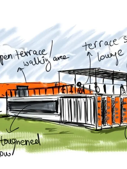 This is the initial concept sketch for 'Cafe Infinity'. It details key features like the open terrace, canopy, and louvers to block the sun, showing how our design process begins.