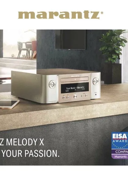 The Marantz Melody X system shown in a modern living space. Its compact design allows for high-fidelity audio without the need for a large stack of components, making it a versatile choice for any room.