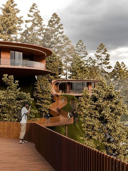 A view from the skywalk, looking down at the resort's public areas and the stunning natural landscape.