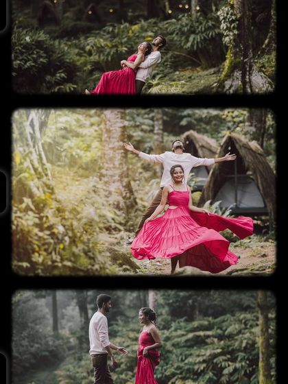 A creative collage with a film-strip effect, showing a couple's romantic pre-wedding moments in a forest setting.