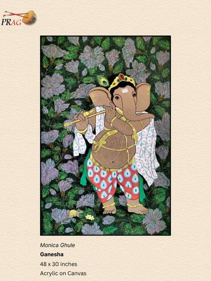 Monica Ghule's "Ganesha" is set against a detailed floral background. The simple, clean frame ensures that the composition does not feel overly busy and keeps the focus on the divine figure.