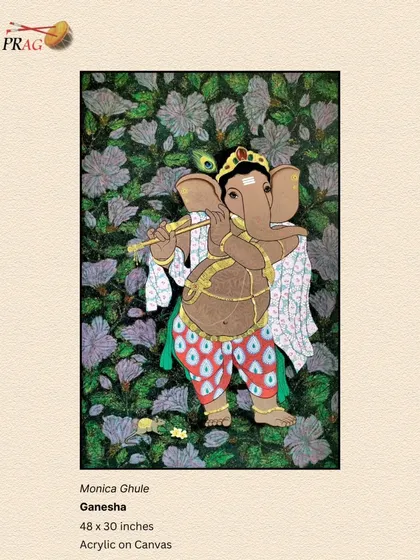 A playful Ganesha by Monica Ghule, depicted with a flute against a backdrop of lush foliage, blending divine charm with natural beauty.