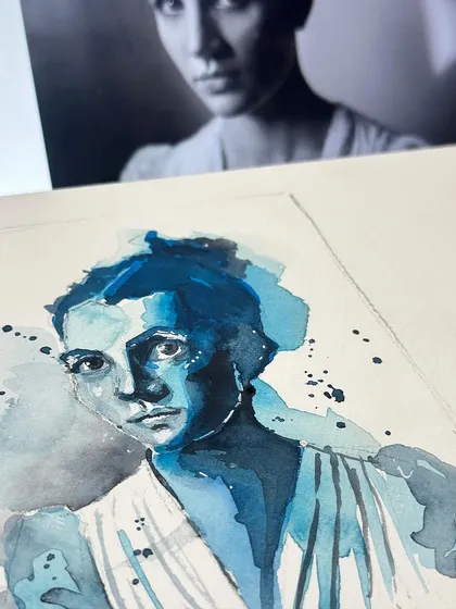 Another angle of my blue watercolour portrait in progress.