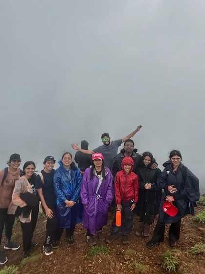 The group at the summit of Tadiandamol on a misty day. Reaching the highest point in Coorg is a great achievement.