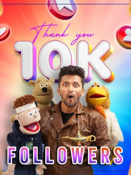 Celebrating a milestone of 10,000 followers with my puppet family. I am grateful for the community that enjoys my ventriloquism, comedy, and voice-over work.