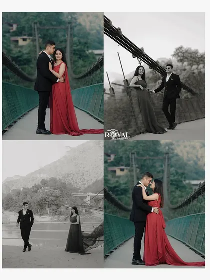 A four-panel collage mixing color and monochrome shots of a couple on the bridge, telling a complete visual story.