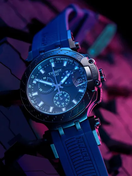 A cyberpunk-inspired shot of the Tissot chronograph. I used blue and magenta gelled lights to create a futuristic, neon-noir atmosphere that complements the watch's rugged, technical design.