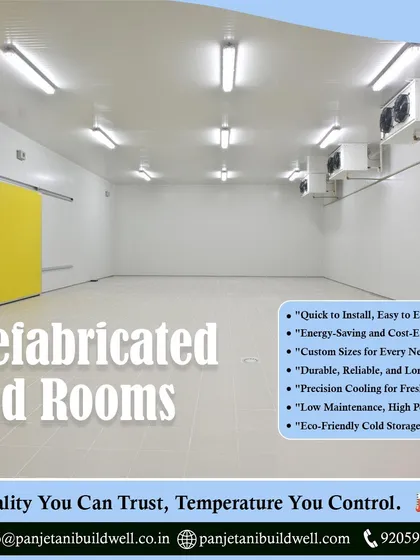 A prefabricated cold room with a bright yellow door, highlighting its features. We offer quality you can trust and temperature you control, with solutions that are quick to install, energy-saving, and reliable.
