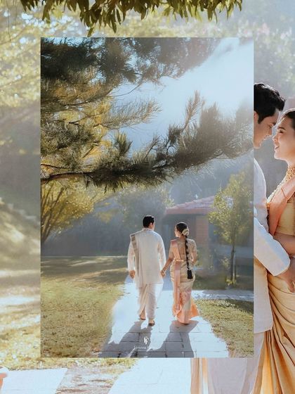 A collage showing the couple walking away into the sunlight, a beautiful and symbolic shot of them starting their new journey together.