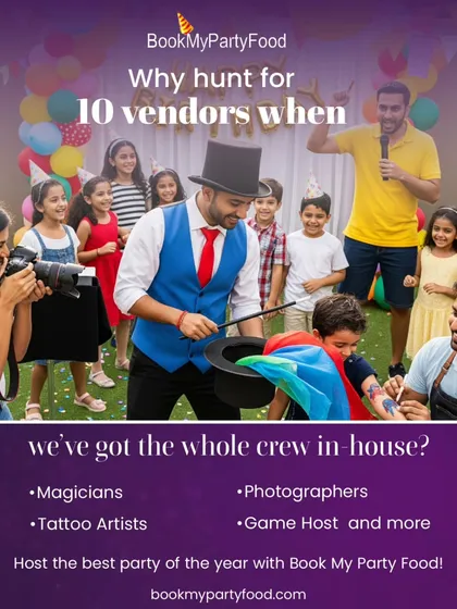 (Hero Item) Why juggle ten different vendors when we have the whole crew in-house? We provide a complete party solution with magicians, photographers, tattoo artists, and game hosts, ensuring your event is a seamless and memorable experience from start to finish.