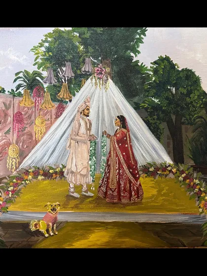 Yes, I can absolutely include your fur babies in the painting! For this wedding, the groom's sister asked if I could add their dog, Dodo, and of course, I did. Your pets are part of your family, and they deserve a spot in your wedding masterpiece.