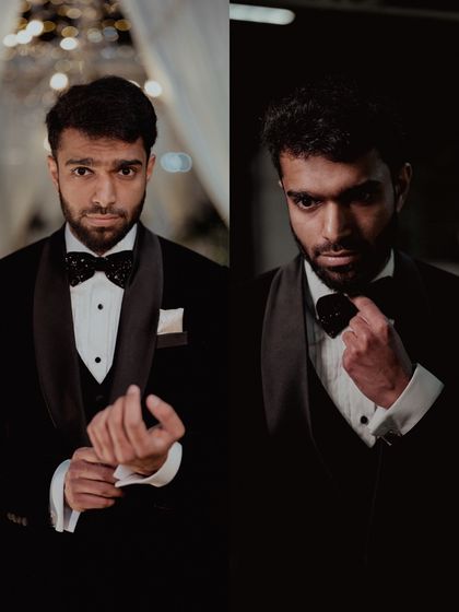 A collage of a groom's portraits in a classic black tuxedo, highlighting his sharp and sophisticated look.