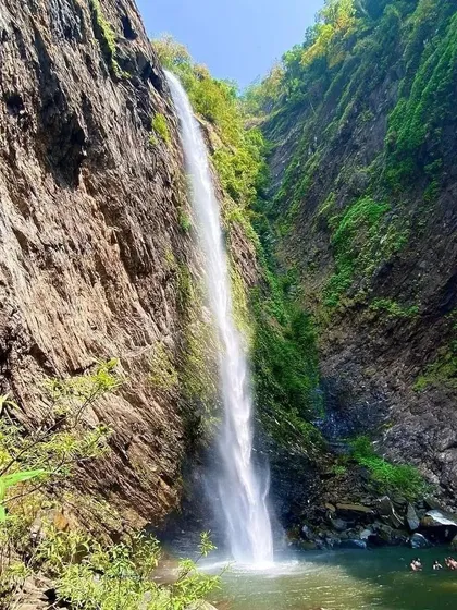 Another perspective of the majestic Kudlu Theertha Falls, showing its single, direct plunge into a beautiful pool.