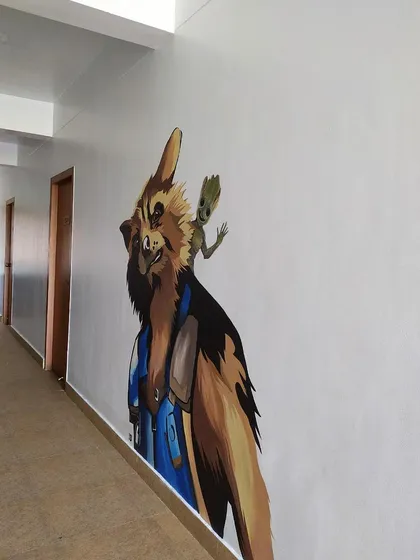Another view of the finished Rocket and Groot piece. We can turn any plain wall into a conversation starter.
