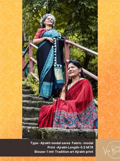 Two of our lovely customers enjoying their Ajrakh modal sarees together. It’s wonderful to see friends sharing a love for traditional Indian textiles.